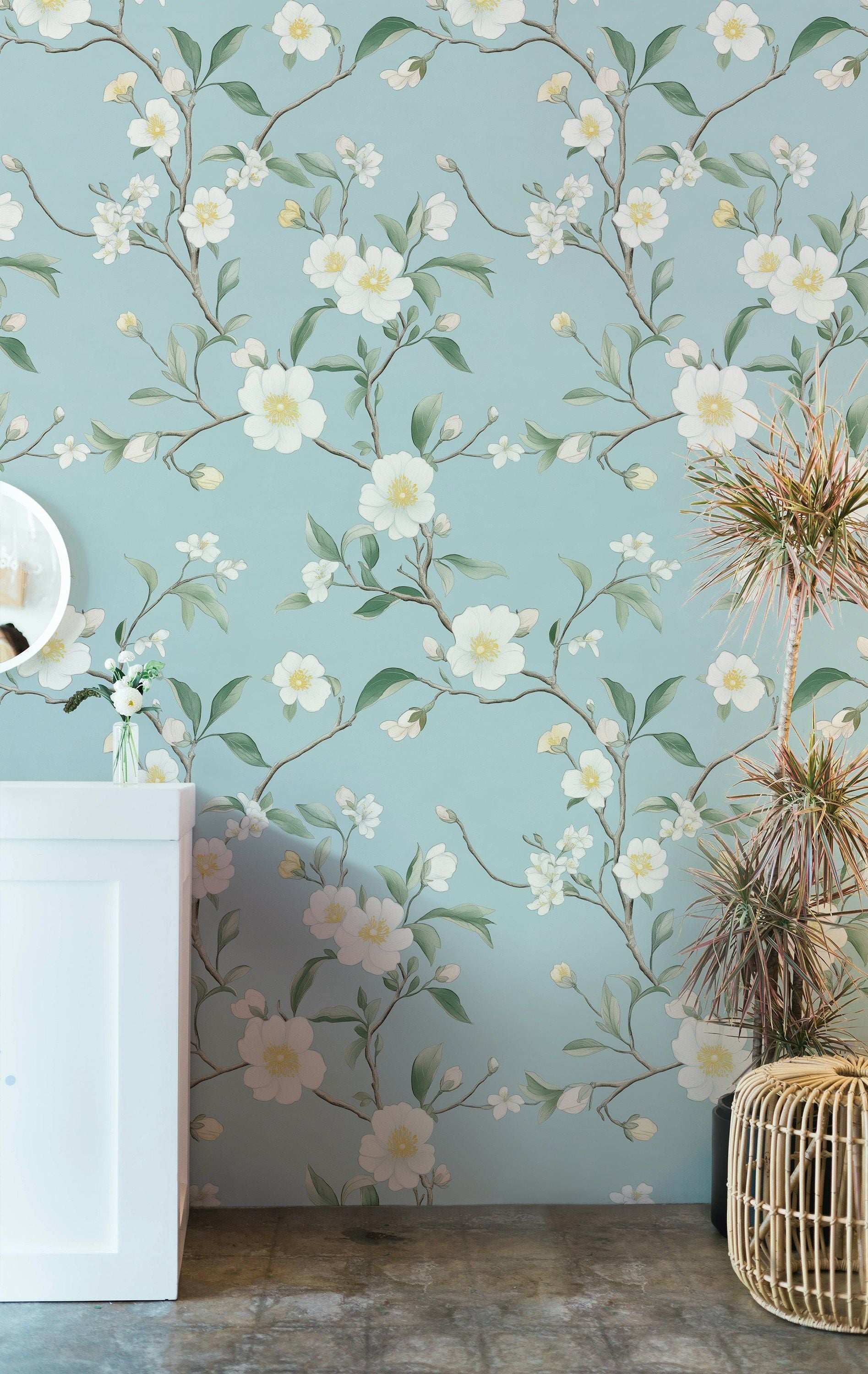 Delicate Watercolor Floral Wallpaper Soft Pastel Blossom Peel and Stick Wall Mural