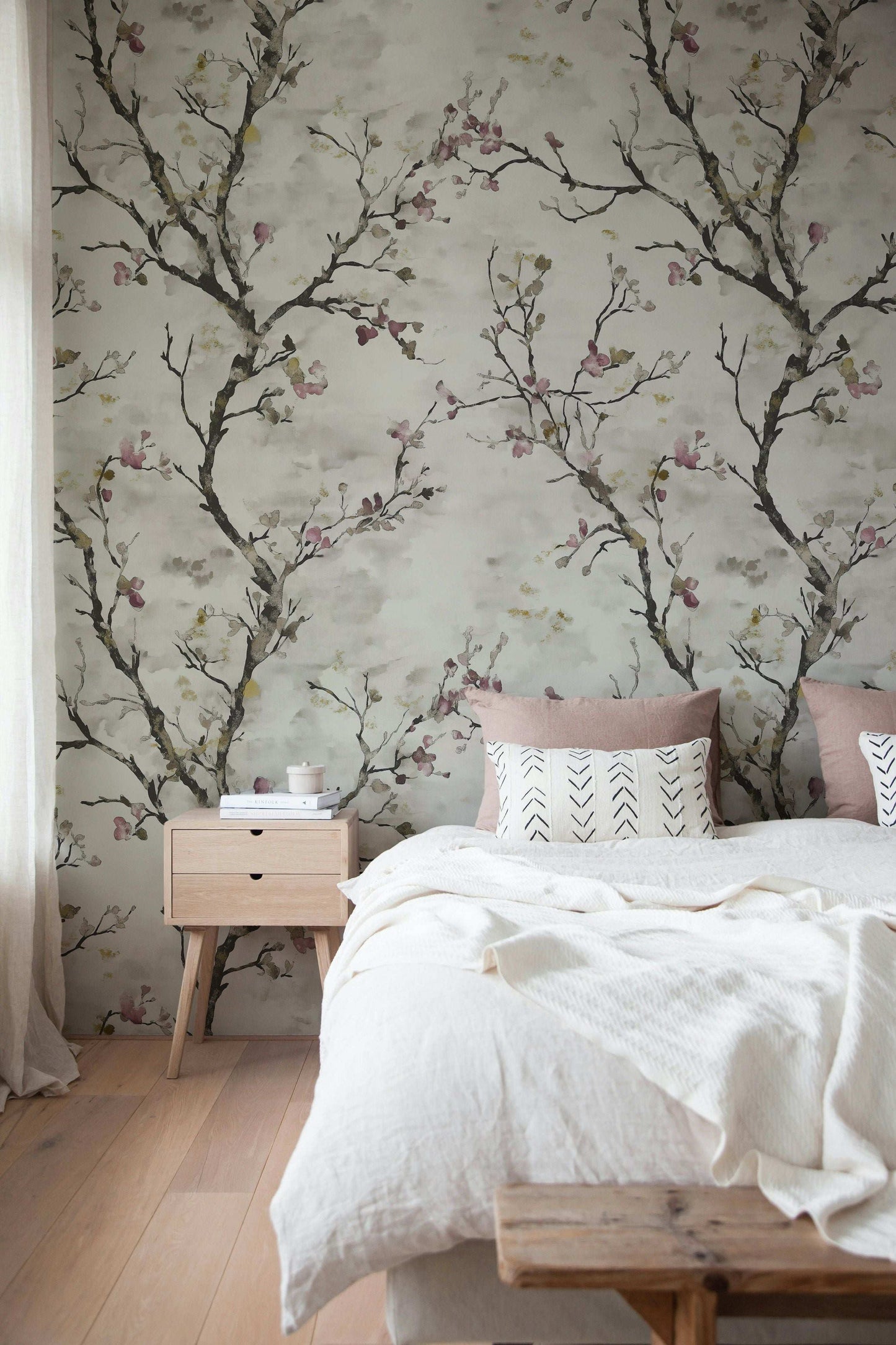 Elegant Cherry Blossom Wall Mural Abstract Branch and Petal Design in Soft Taupe and Pink Tones