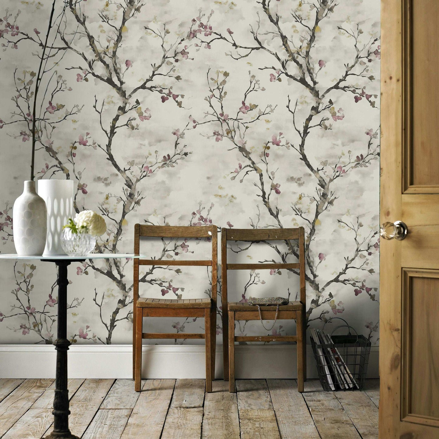 Elegant Cherry Blossom Wall Mural Abstract Branch and Petal Design in Soft Taupe and Pink Tones