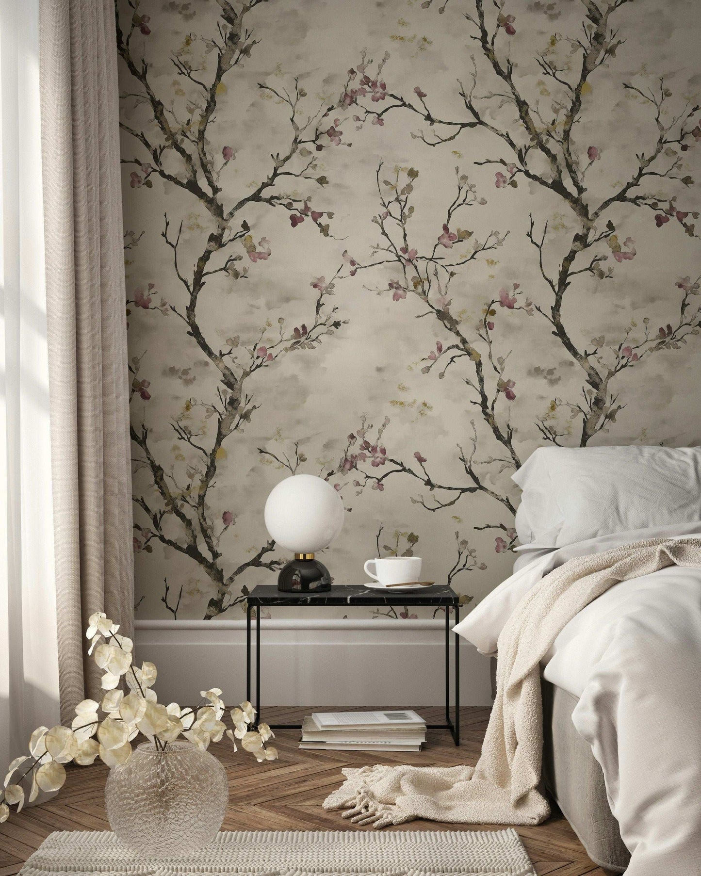 Elegant Cherry Blossom Wall Mural Abstract Branch and Petal Design in Soft Taupe and Pink Tones