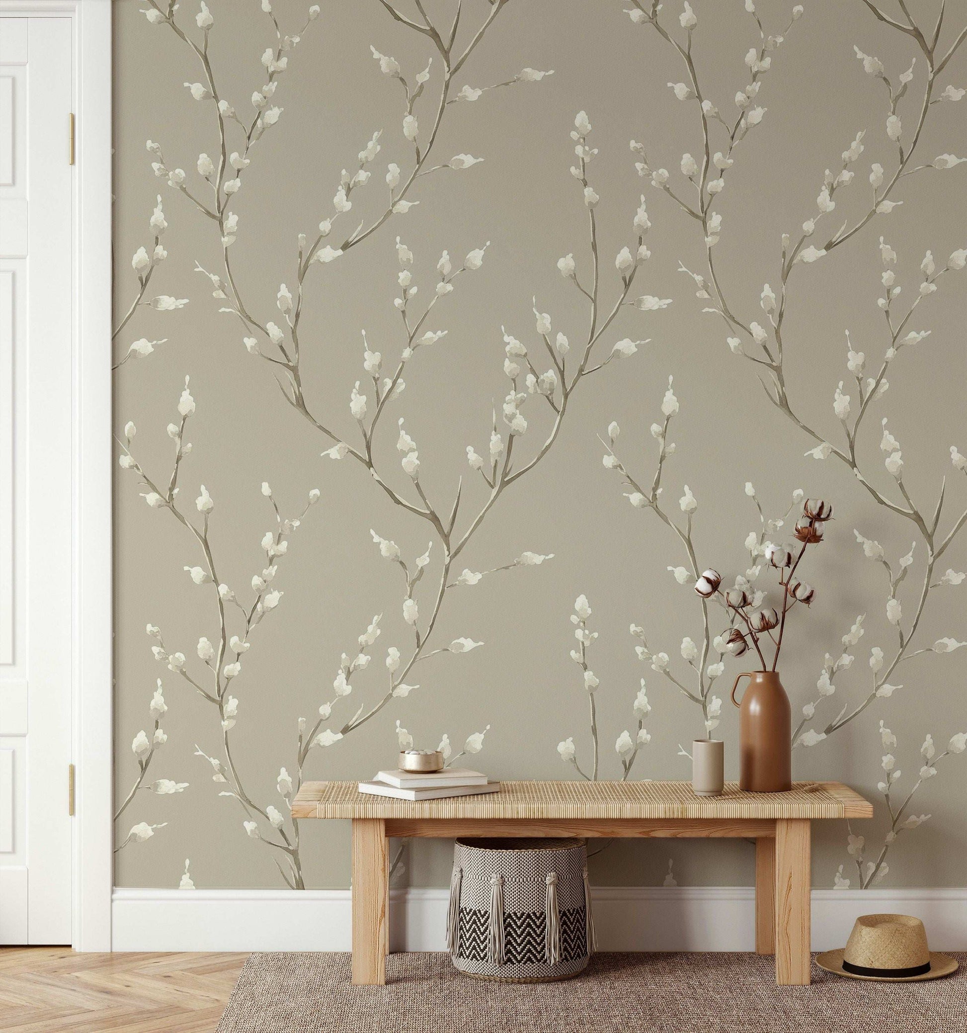 Minimalist Willow Branch Wallpaper Soft Beige Background Peel and Stick Wall Mural