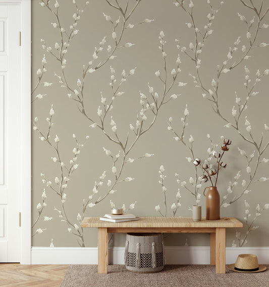 Minimalist Willow Branch Wallpaper Soft Beige Background