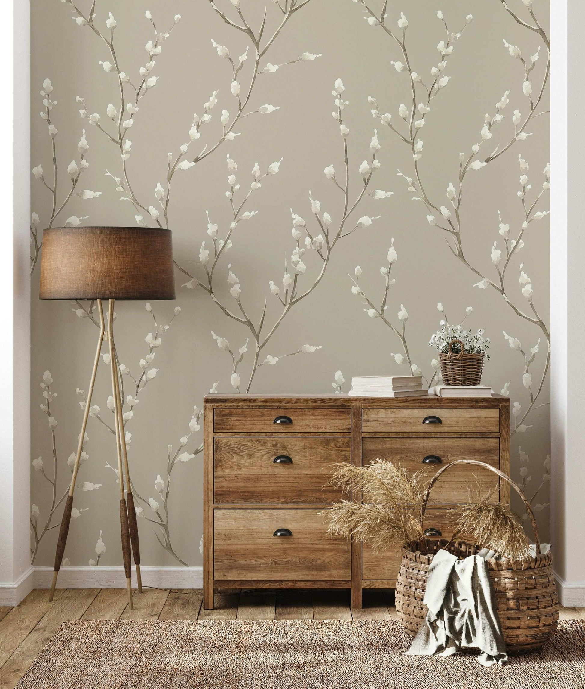 Minimalist Willow Branch Wallpaper Soft Beige Background Peel and Stick Wall Mural