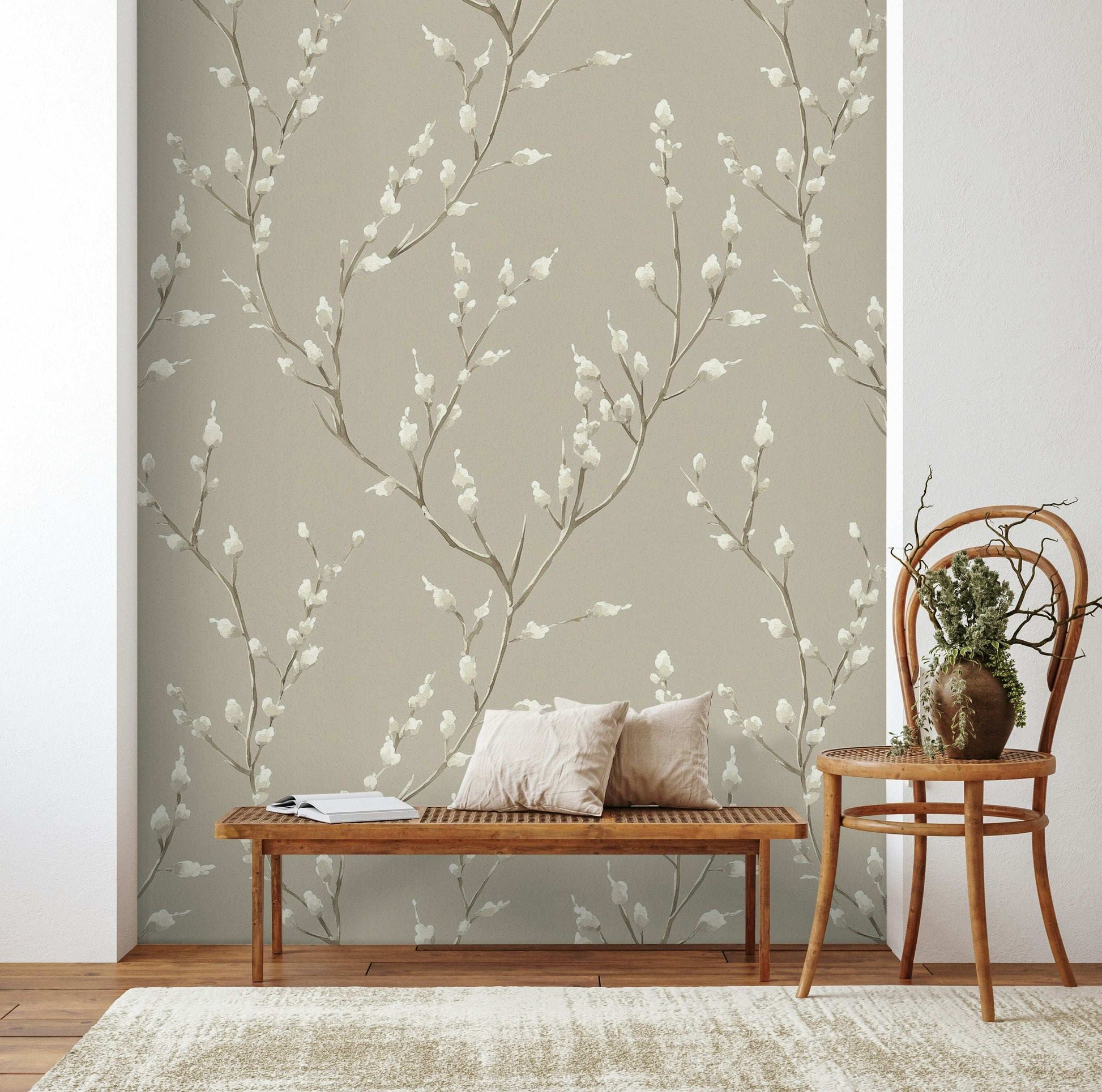 Minimalist Willow Branch Wallpaper Soft Beige Background Peel and Stick Wall Mural