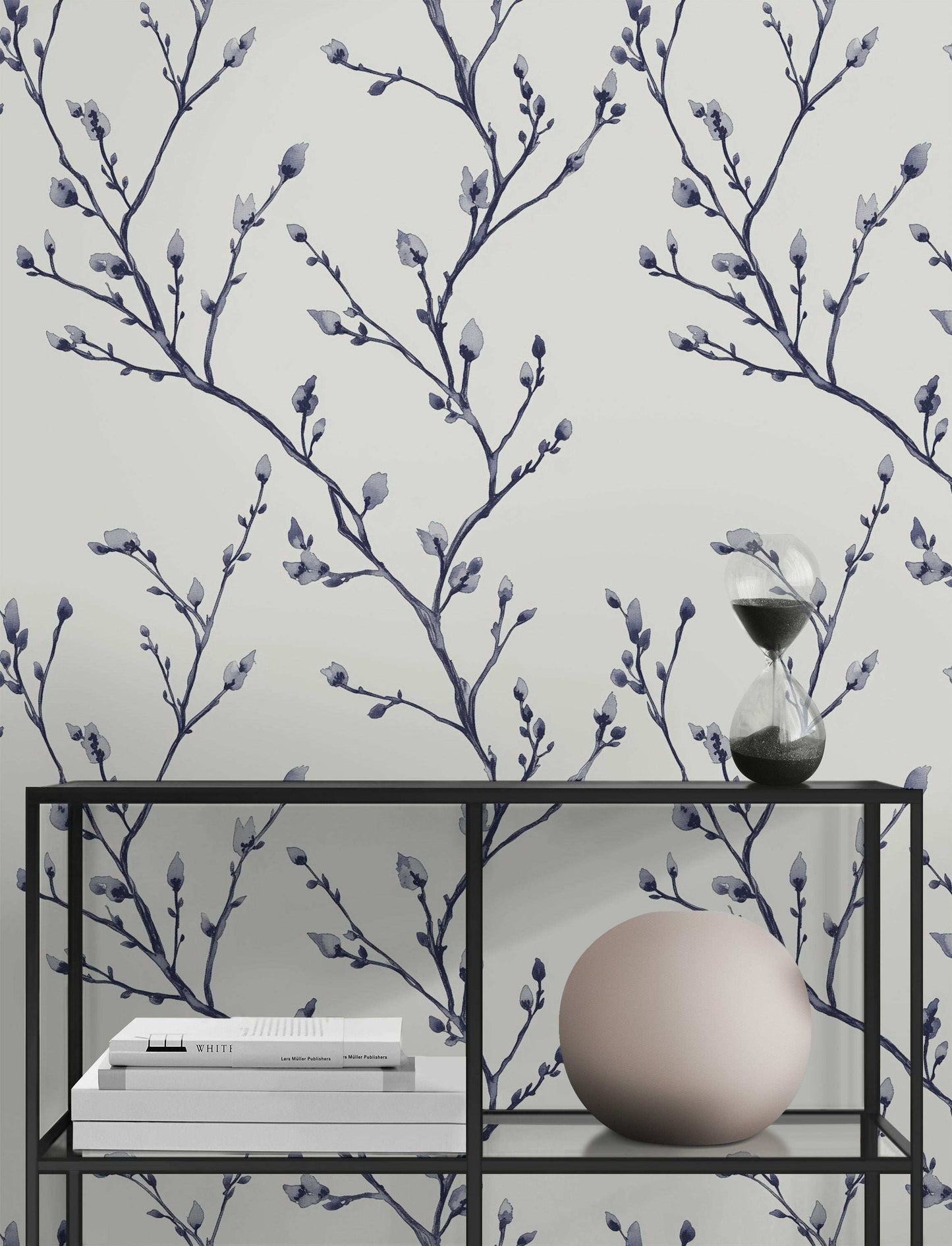 Minimalist Willow Branch Wallpaper Navy Blue Buds on White Background Peel and Stick Roll