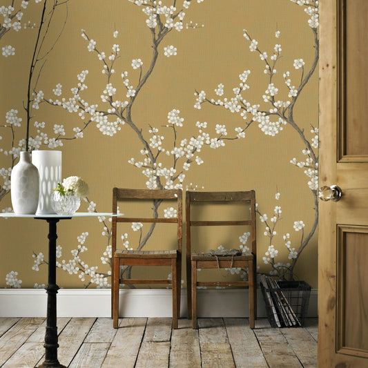 Elegant Chinoiserie-Inspired Wallpaper Branches on Mustard