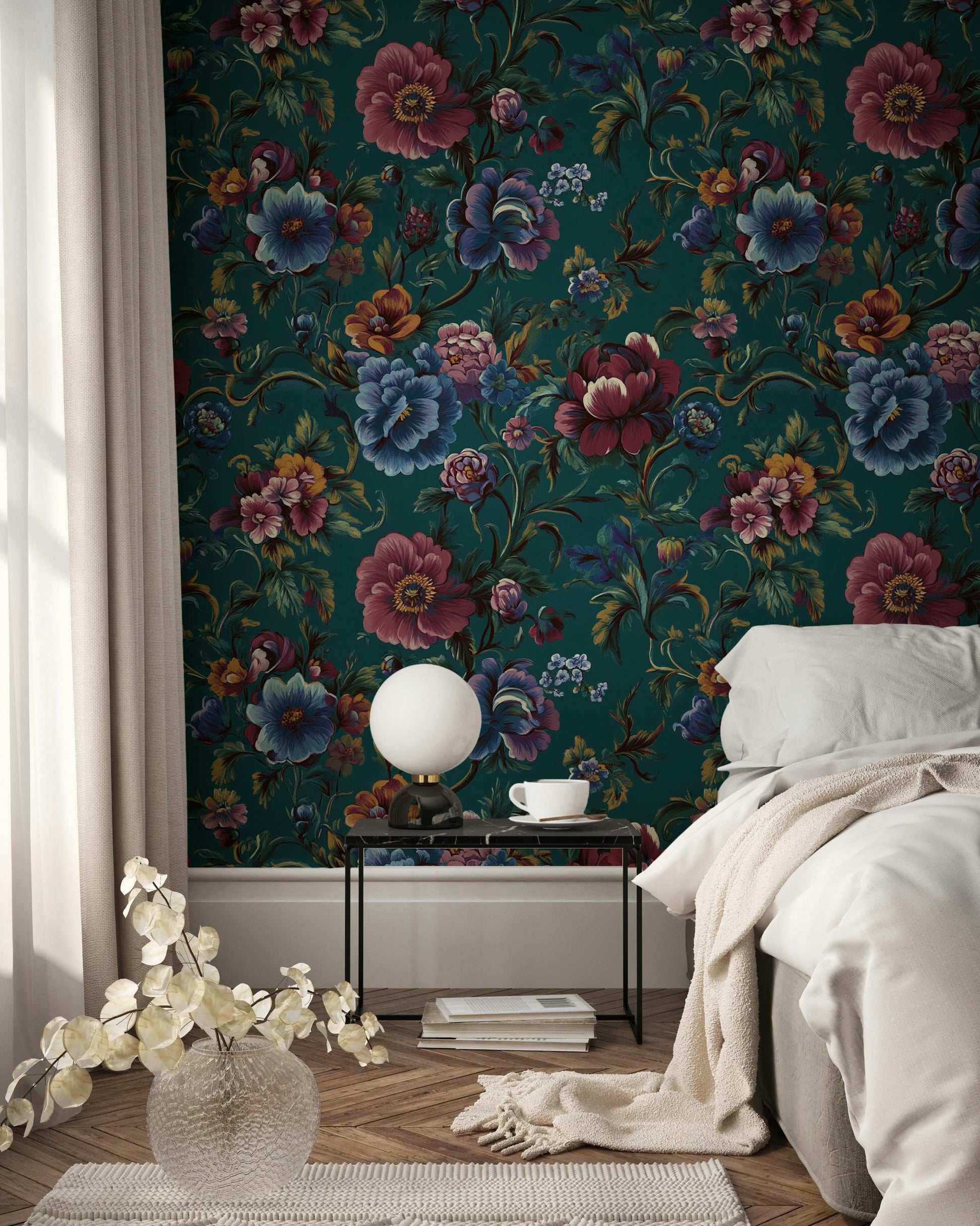 Emerald Ornate Floral Wallpaper Rich Botanical Design on Teal Background Peel and Stick Wall Mural