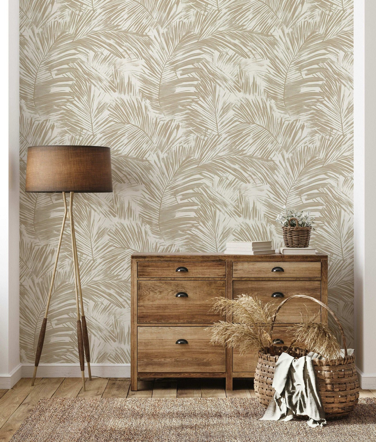 Subtle and Elegant Palm Leaf Wallpaper Neutral Beige and Cream Peel and Stick Roll