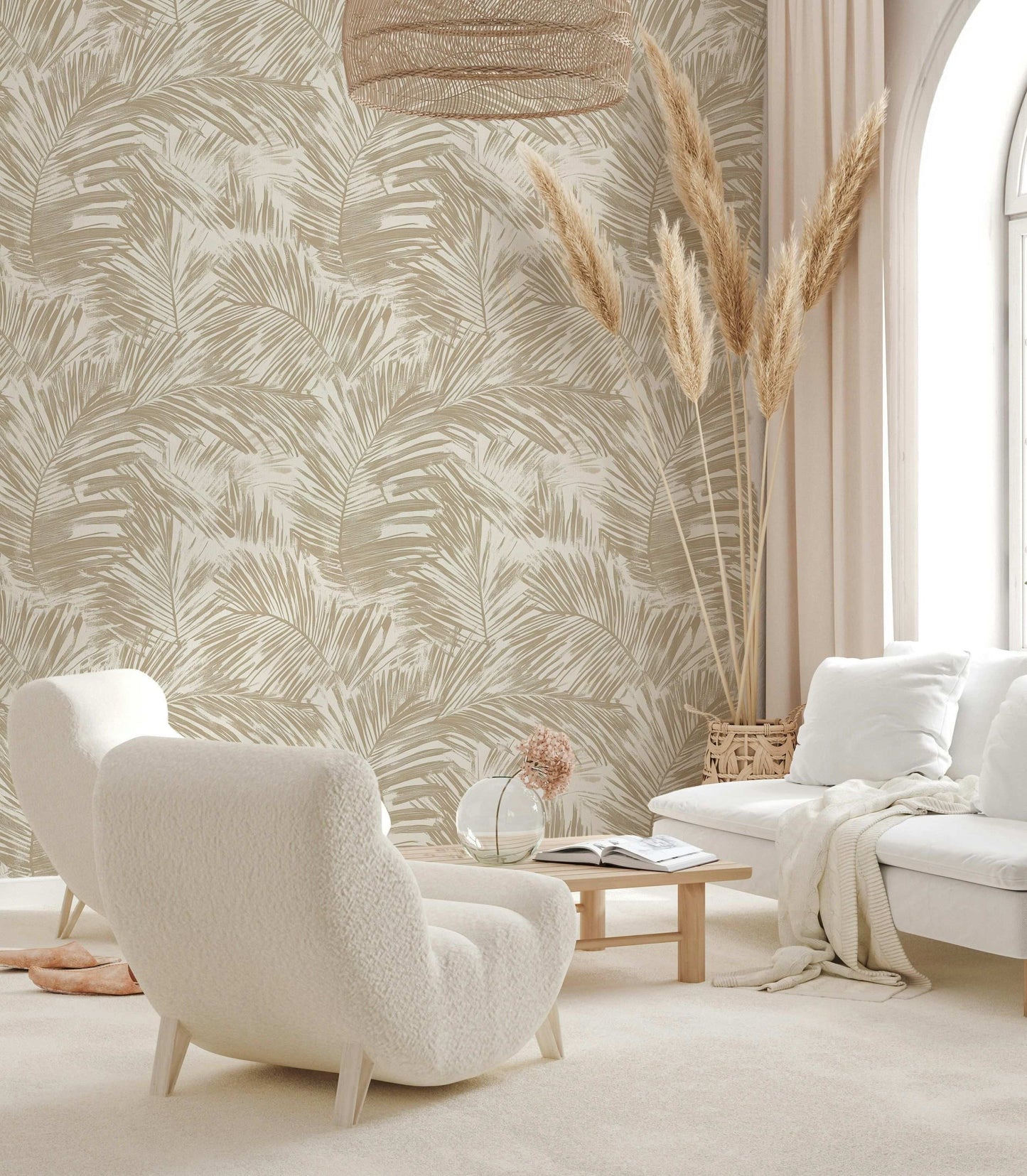 Subtle and Elegant Palm Leaf Wallpaper Neutral Beige and Cream Peel and Stick Roll