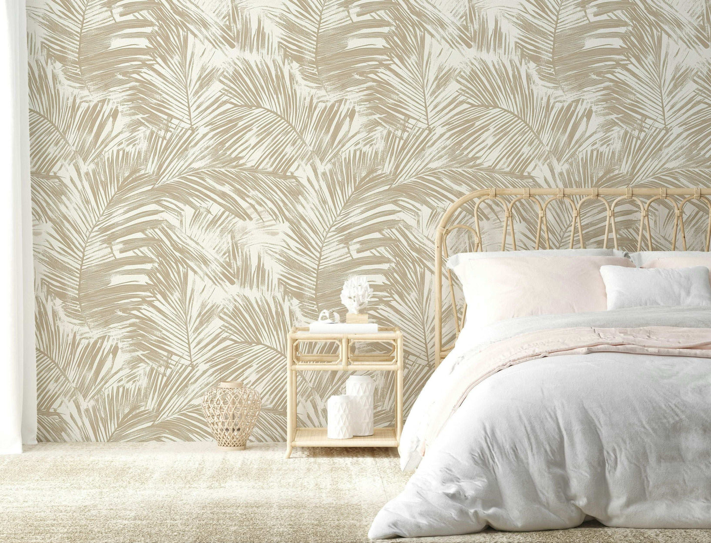 Subtle and Elegant Palm Leaf Wallpaper Neutral Beige and Cream Peel and Stick Roll