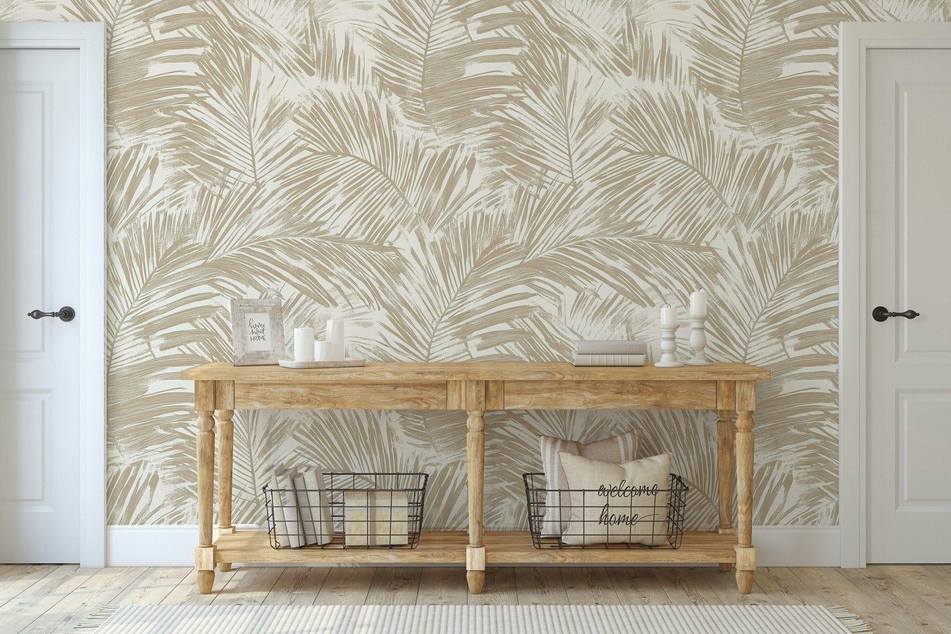 Subtle and Elegant Palm Leaf Wallpaper Neutral Beige and Cream Peel and Stick Roll