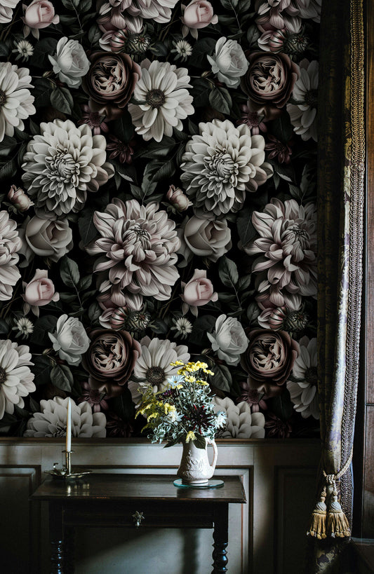 Dark Floral Wallpaper Vintage Blooms Wall Mural