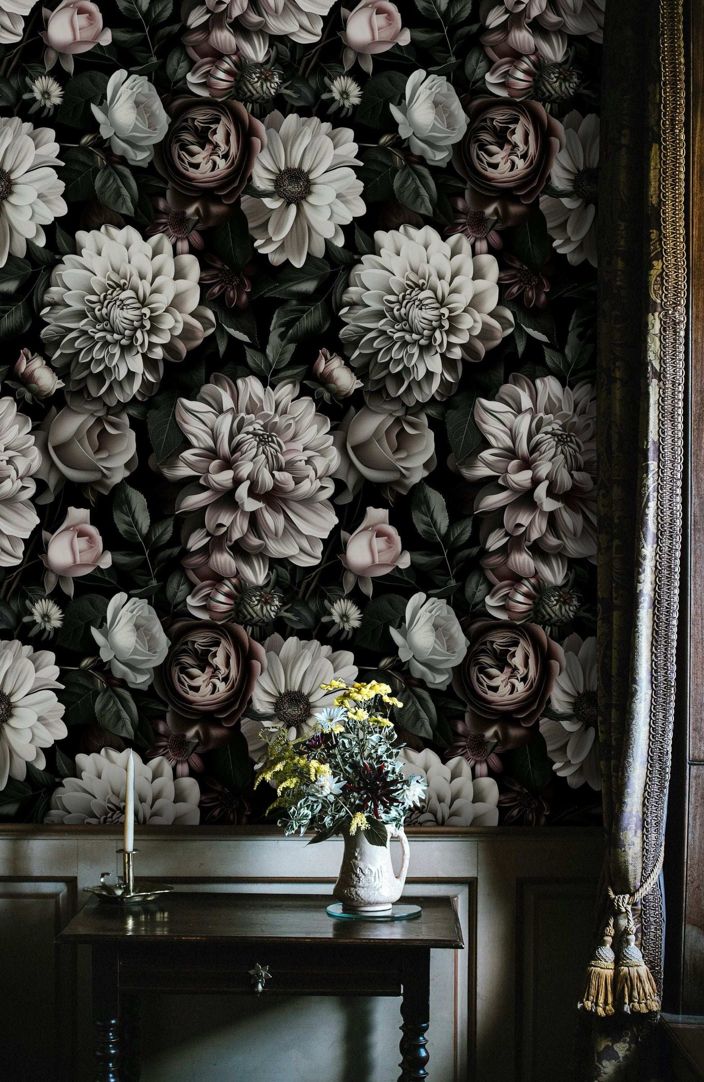 Dark Floral Wallpaper Vintage Blooms Peel and Stick Wall Mural