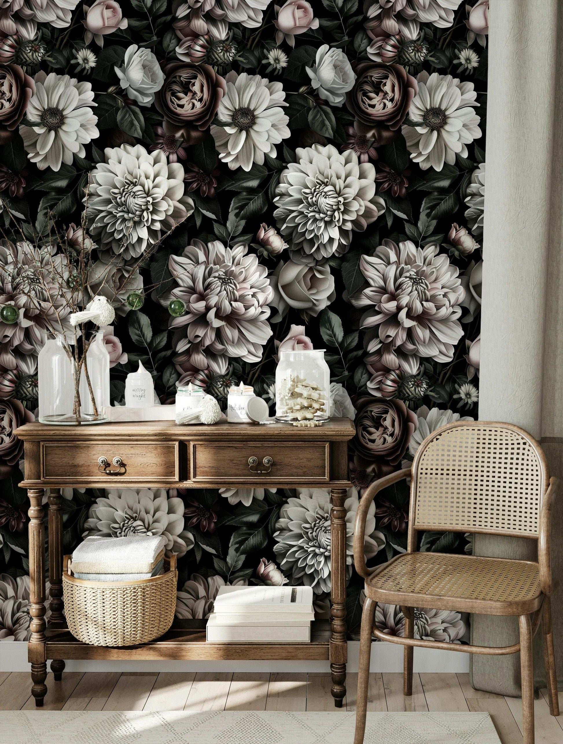 Dark Floral Wallpaper Vintage Blooms Peel and Stick Wall Mural