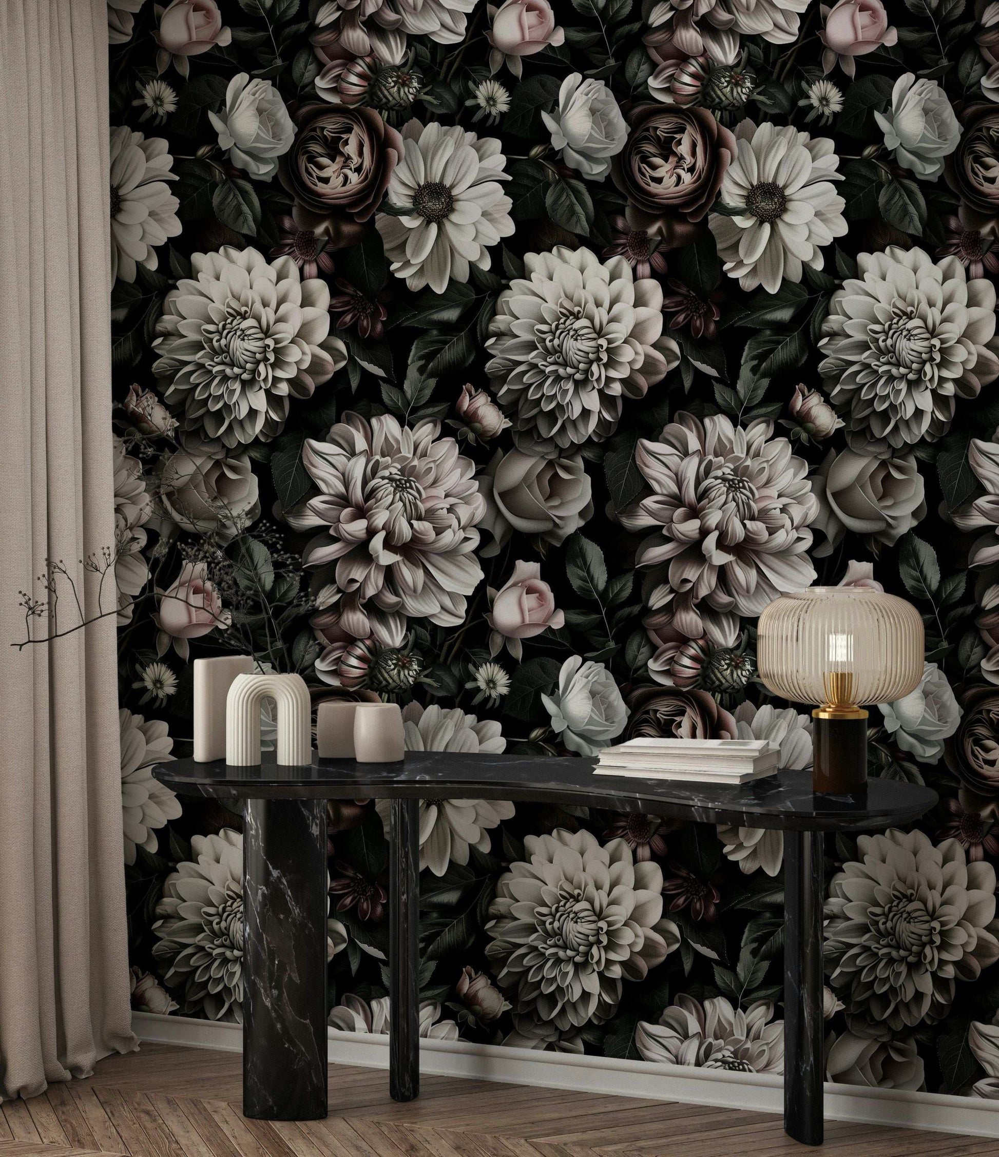 Dark Floral Wallpaper Vintage Blooms Peel and Stick Wall Mural