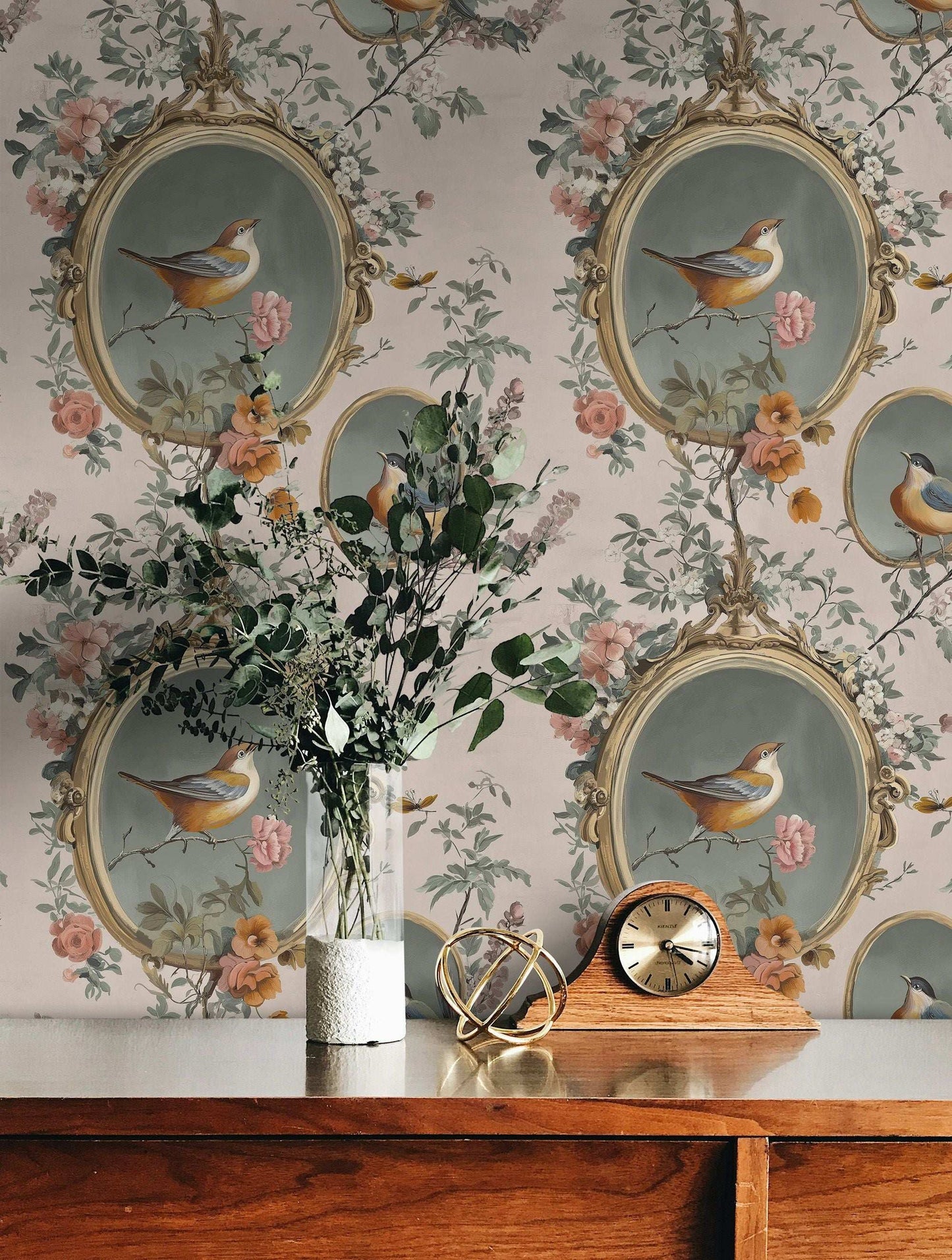 Vintage Bird Art Wallpaper Romantic Floral Design Peel and Stick Roll Victorian Style