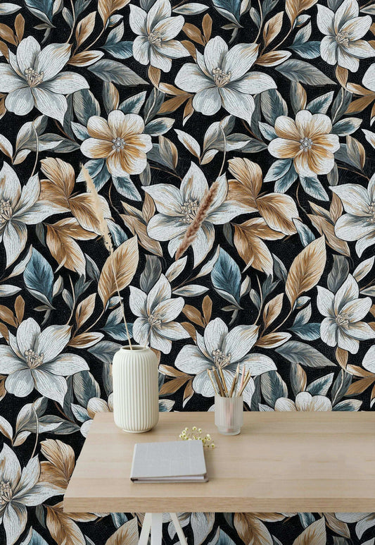 Luxurious Mosaic Floral Wallpaper Intricate Gold and Blue Leaves Design