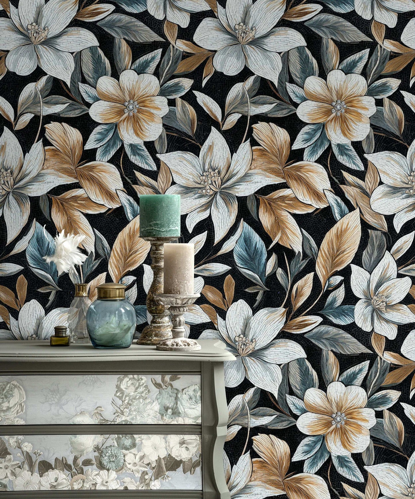 Luxurious Mosaic Floral Wallpaper Intricate Gold and Blue Leaves Design