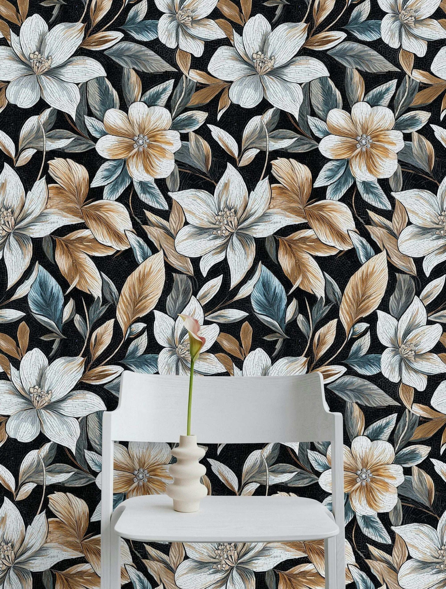 Luxurious Mosaic Floral Wallpaper Intricate Gold and Blue Leaves Design