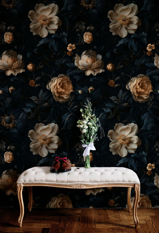 Dark Floral Wallpaper Elegant Gold and Navy Blue Botanical Design