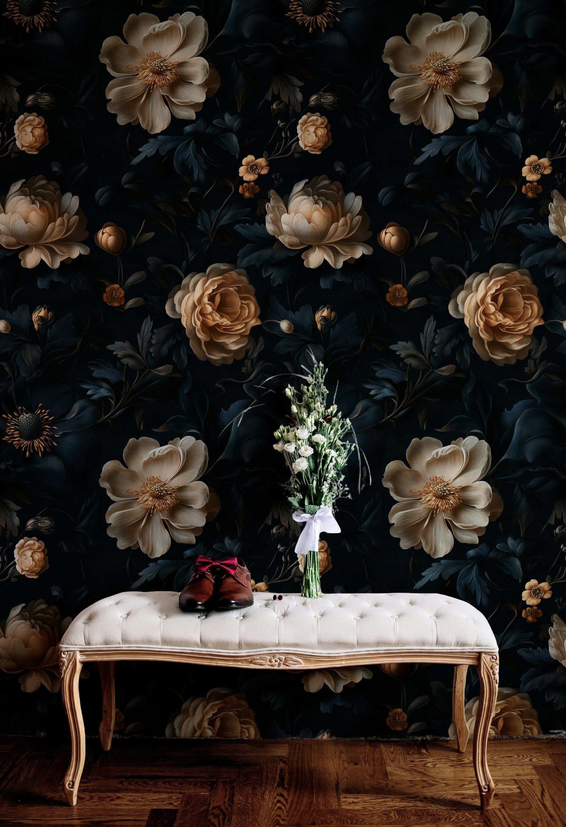 Dark Floral Wallpaper Elegant Gold and Navy Blue Botanical Design Peel and Stick Wall Decor