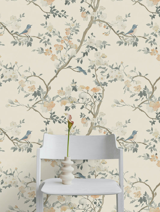 Shoreline Floral Wallpaper Elegant Bird and Blossom Design