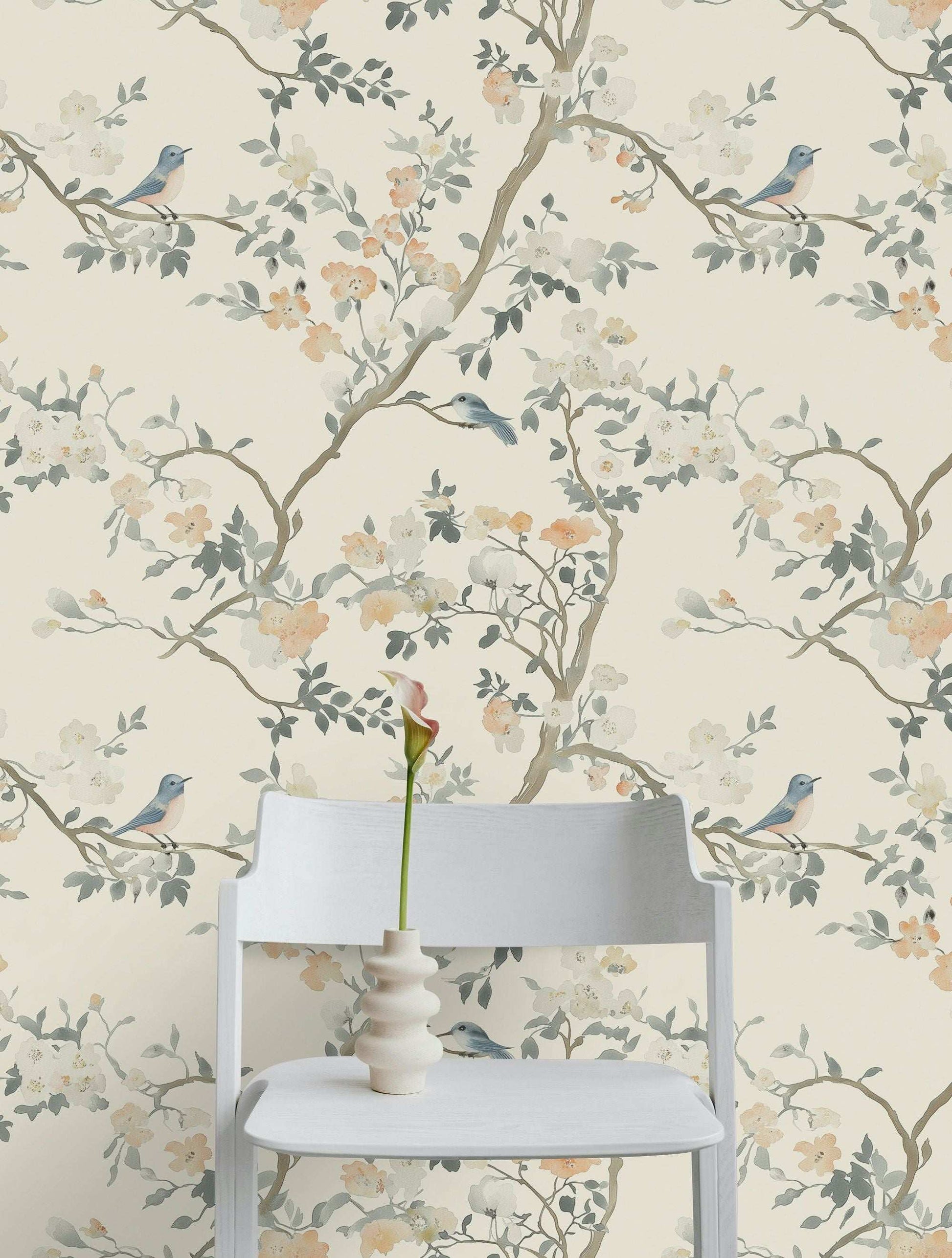 Shoreline Floral Wallpaper Elegant Bird and Blossom Design Peel and Stick Wall Decor