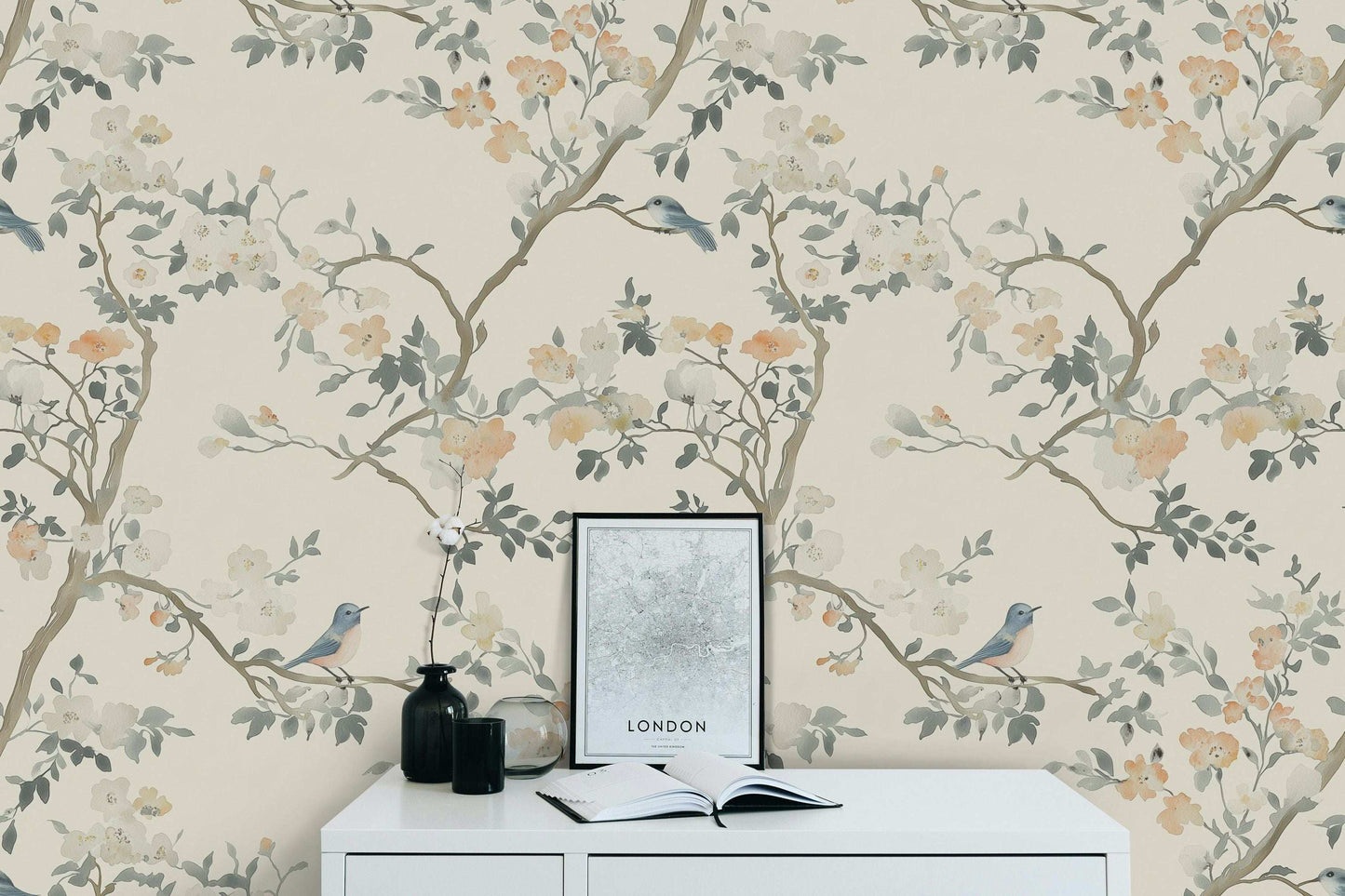 Shoreline Floral Wallpaper Elegant Bird and Blossom Design Peel and Stick Wall Decor