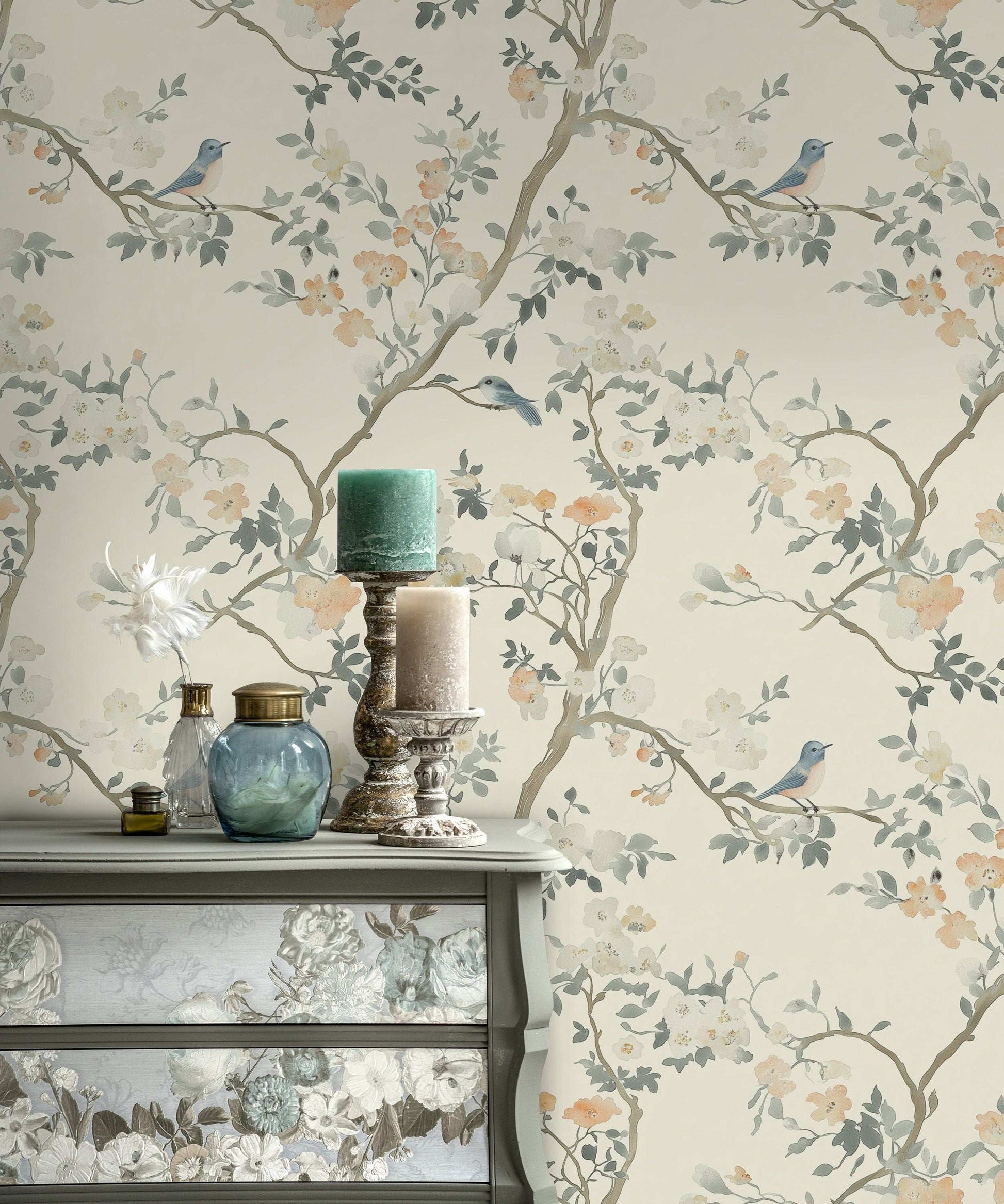 Shoreline Floral Wallpaper Elegant Bird and Blossom Design Peel and Stick Wall Decor