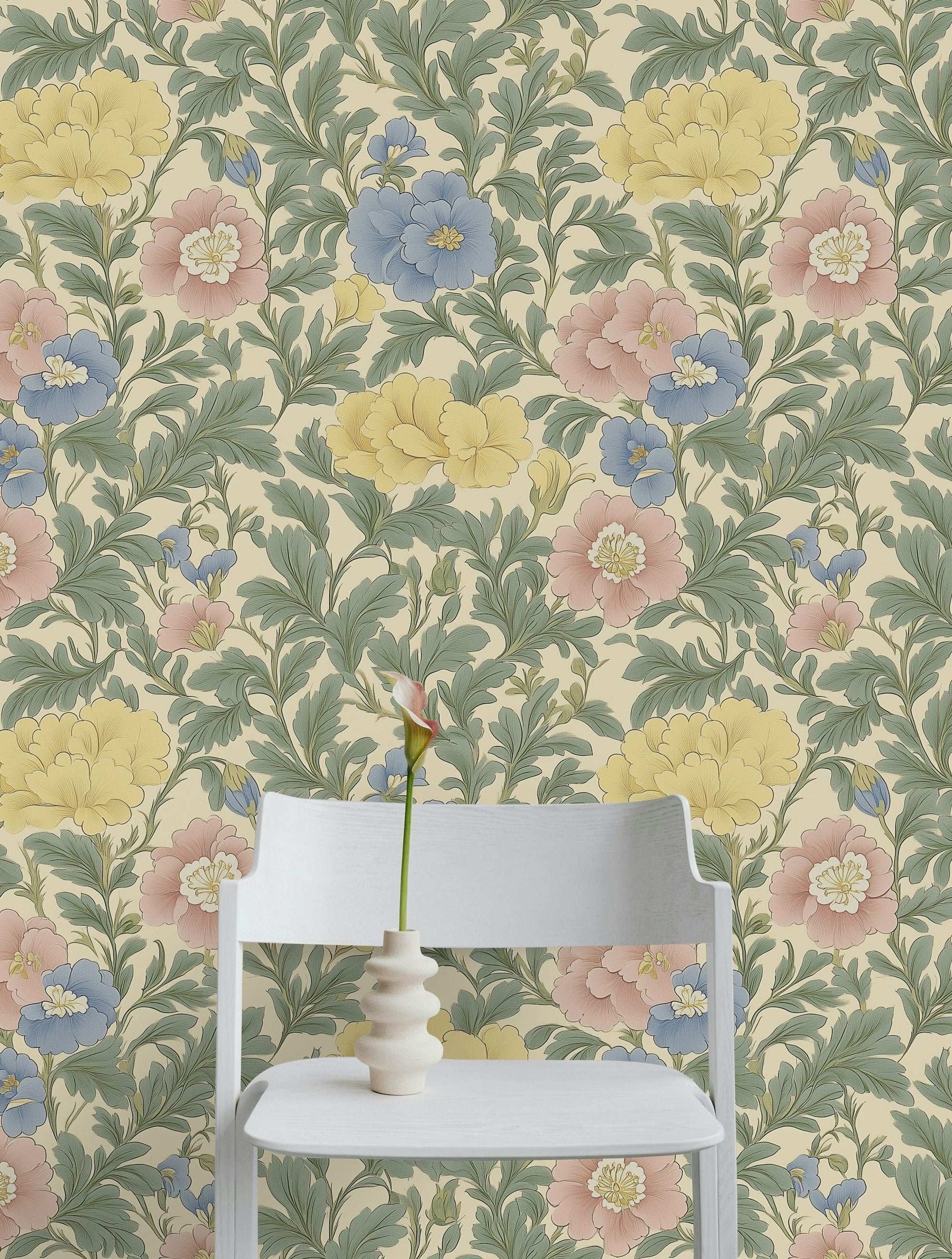 Vintage Botanical Elegance Wallpaper Soft Pastel Floral Wall Mural Peel and Stick Roll