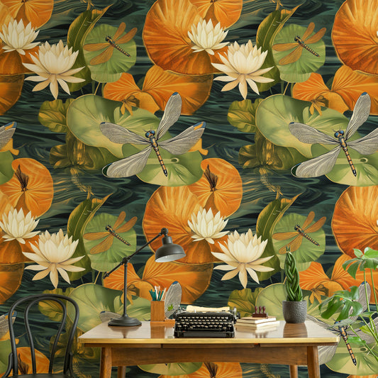 Enchanted Lotus Floral Wallpaper Vibrant Dragonfly Water Lily Mural