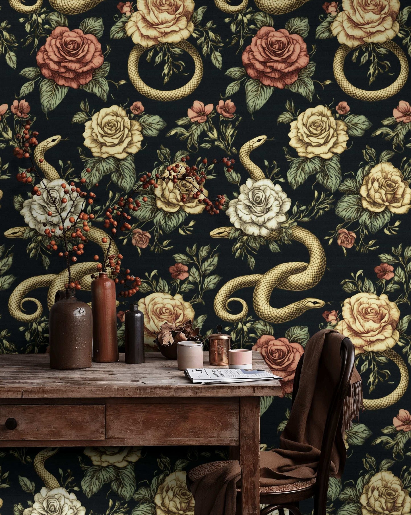 Serpents Garden Noir Floral Wallpaper Floral Wall Mural Peel and Stick Roll