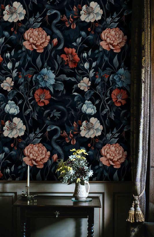 Enchanted Garden Floral Wallpaper with Mystical Snake Wall Mural