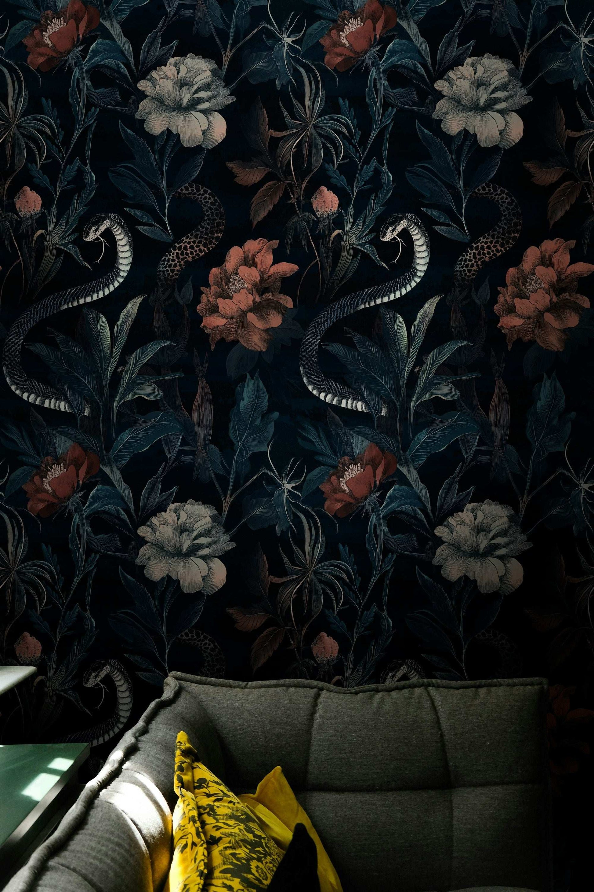 Midnight Garden Snake Wall Mural Floral Wallpaper Peel and Stick Roll