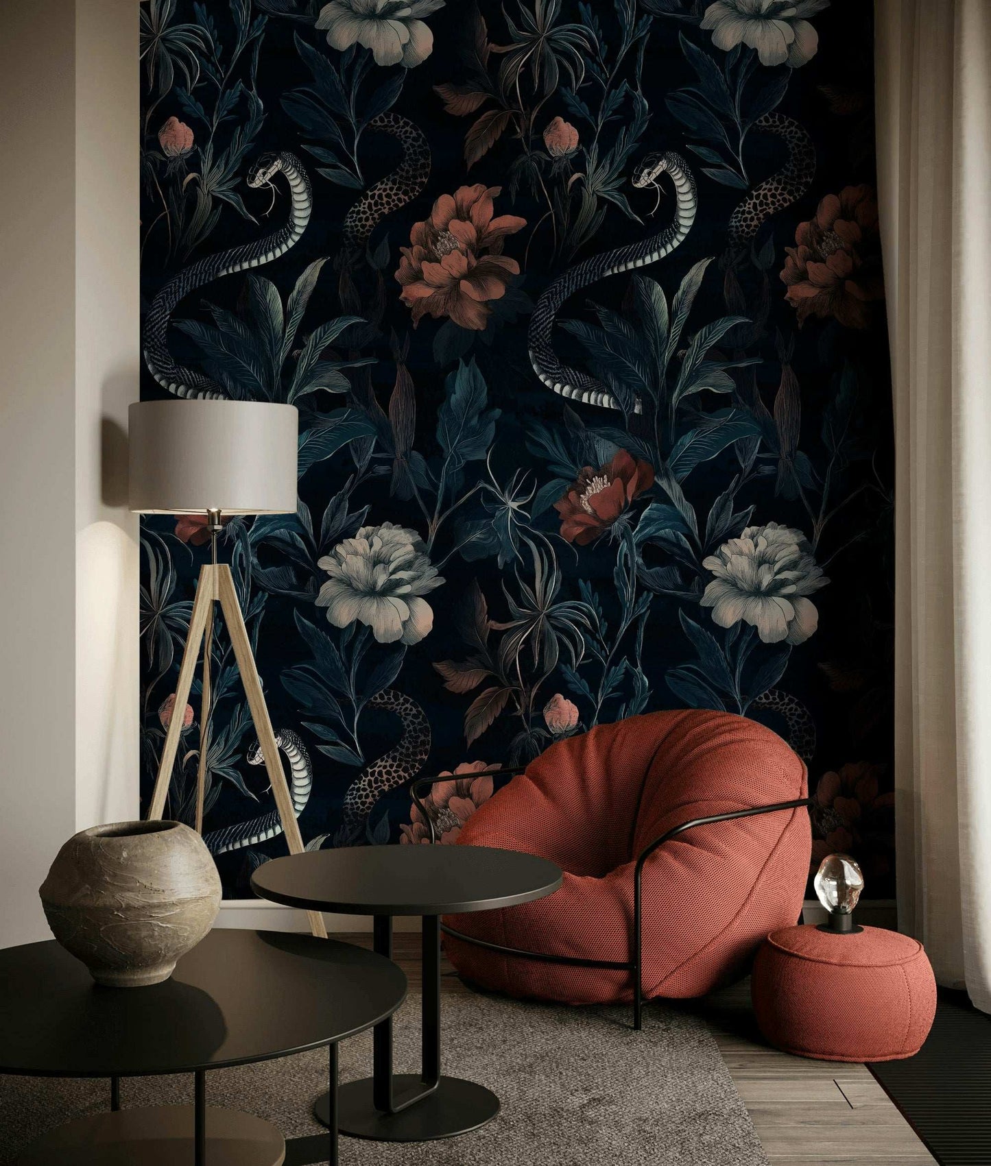 Midnight Garden Snake Wall Mural Floral Wallpaper Peel and Stick Roll