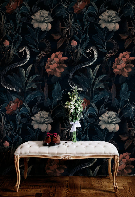 Midnight Garden Snake Wall Mural Floral Wallpaper