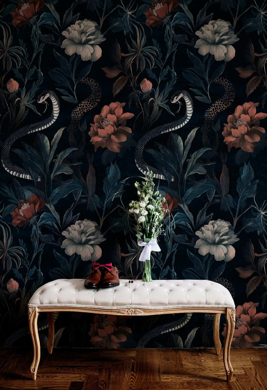 Midnight Garden Snake Wall Mural Floral Wallpaper Peel and Stick Roll