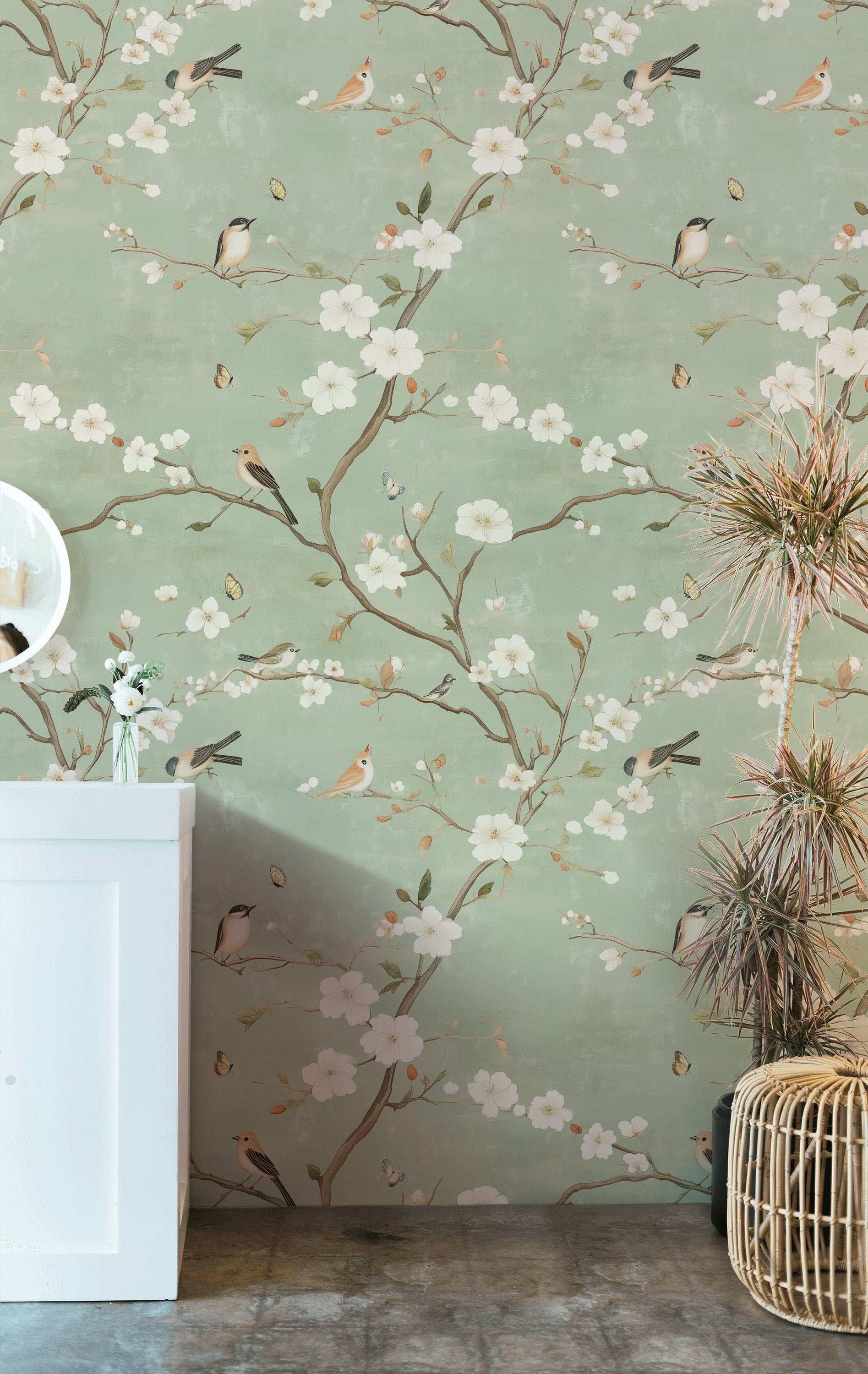 Serene Spring Birds and Blossoms Wallpaper Chinoiserie Wall Mural Peel and Stick Roll