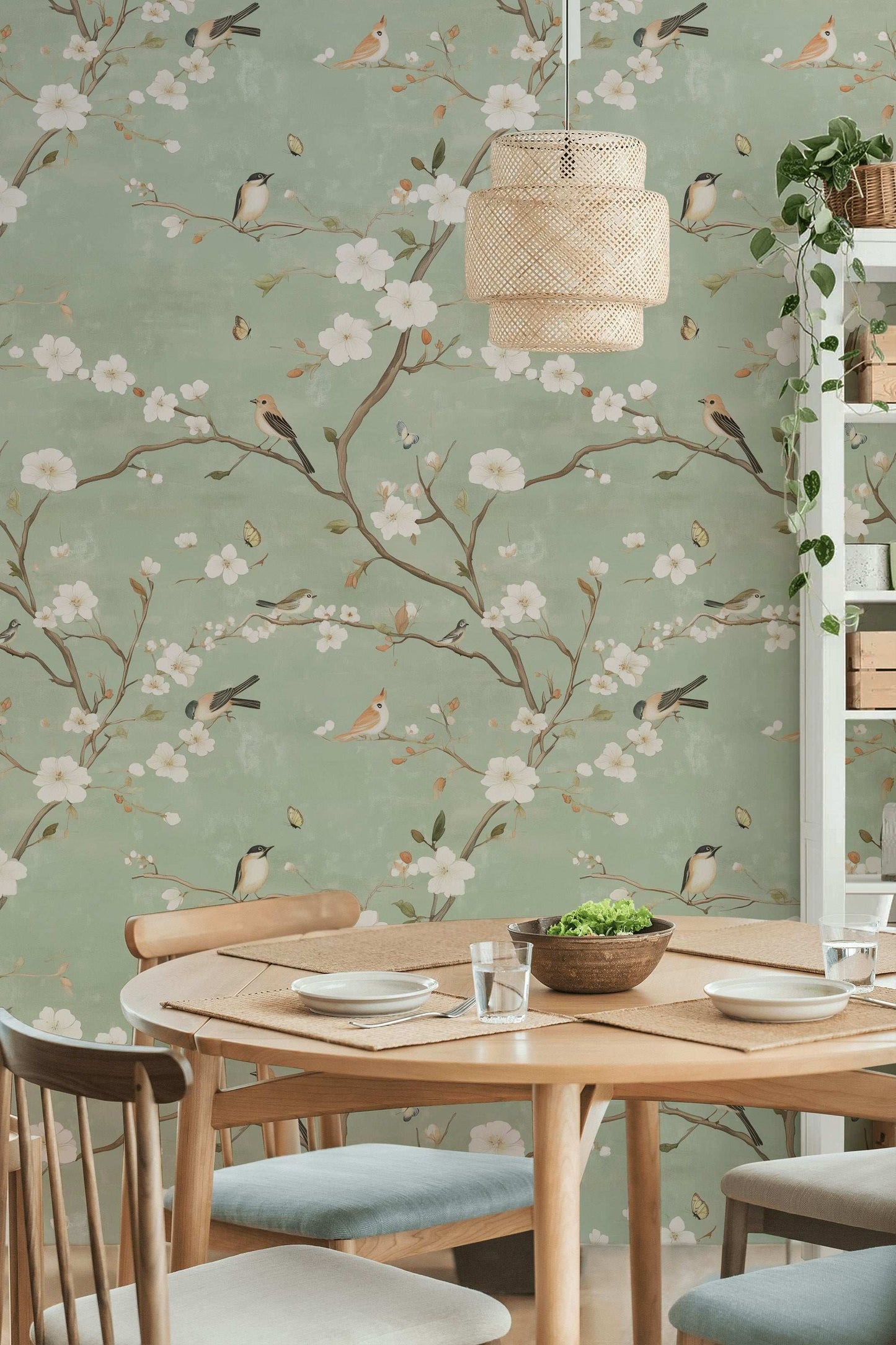 Serene Spring Birds and Blossoms Wallpaper Chinoiserie Wall Mural Peel and Stick Roll