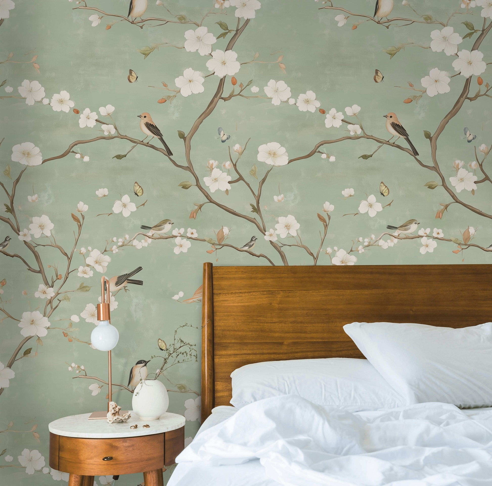 Serene Spring Birds and Blossoms Wallpaper Chinoiserie Wall Mural Peel and Stick Roll