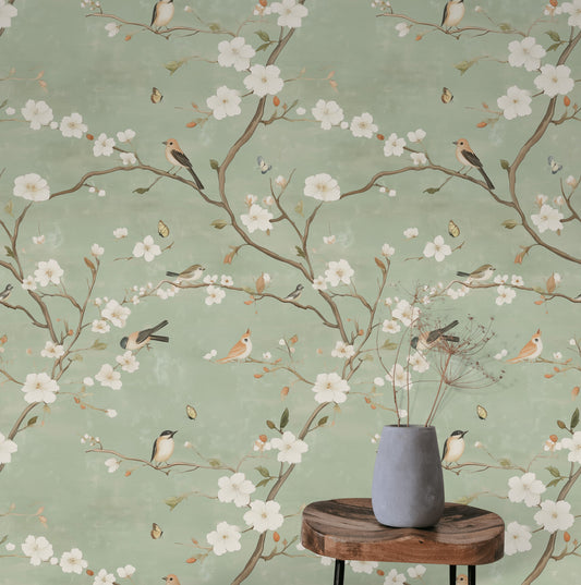 Serene Spring Birds and Blossoms Wallpaper Chinoiserie Wall Mural