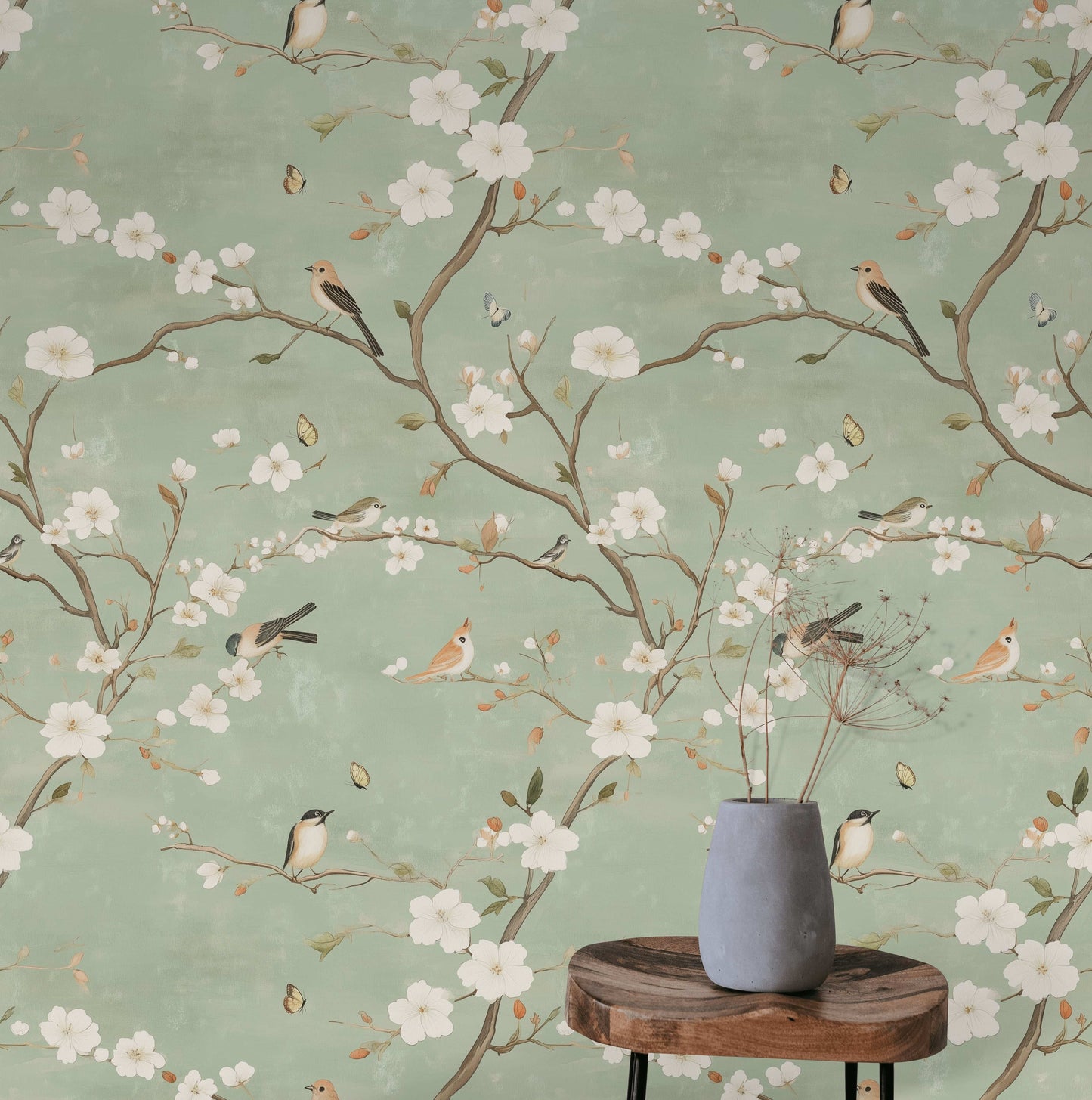 Serene Spring Birds and Blossoms Wallpaper Chinoiserie Wall Mural Peel and Stick Roll