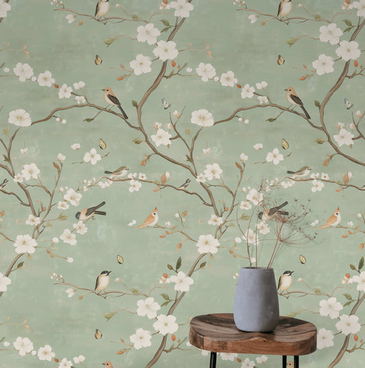 Serene Spring Birds and Blossoms Wallpaper Chinoiserie Wall Mural Peel and Stick Roll