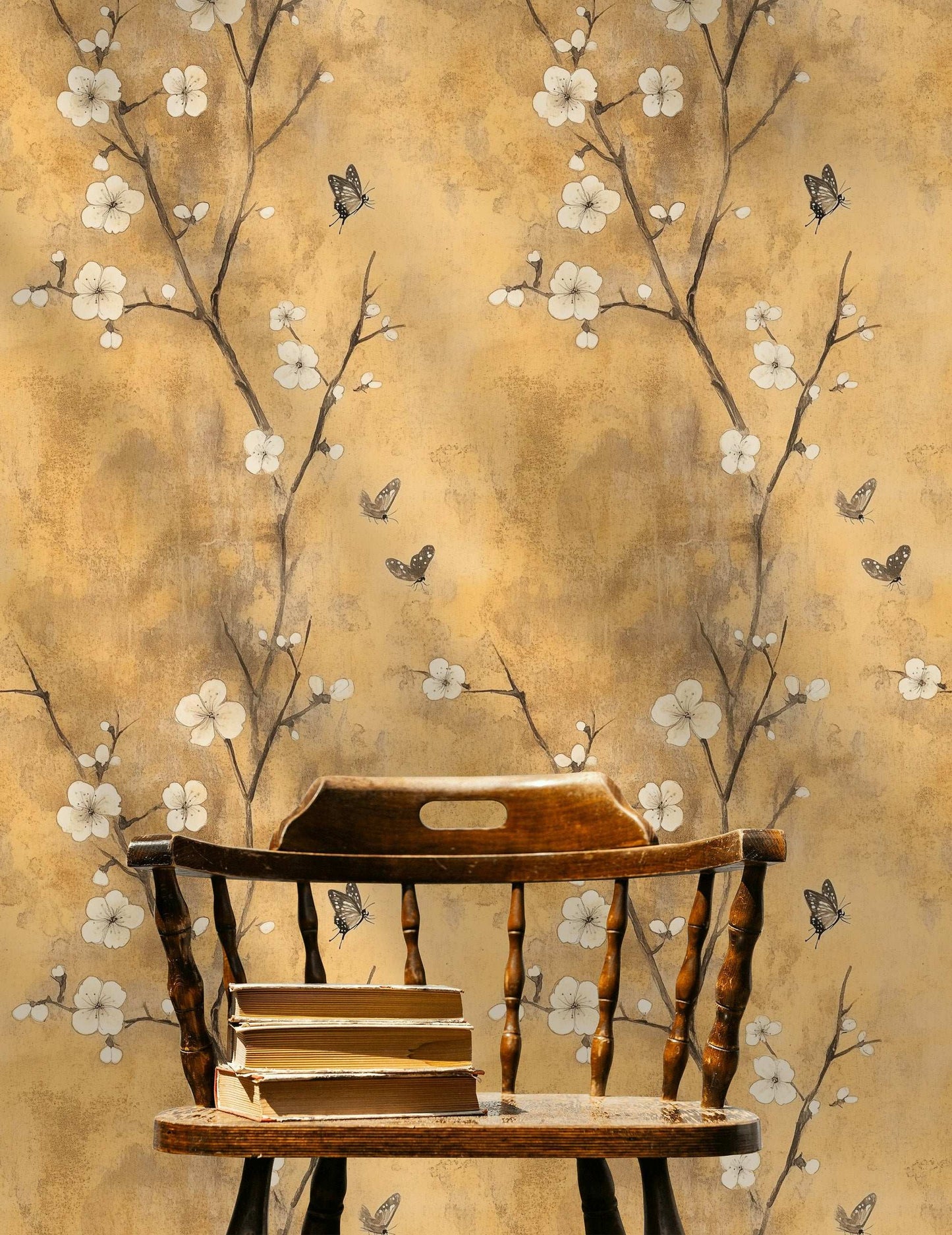 Vintage Golden Cherry Blossom Wallpaper Chinoiserie Wall Mural Peel and Stick Roll