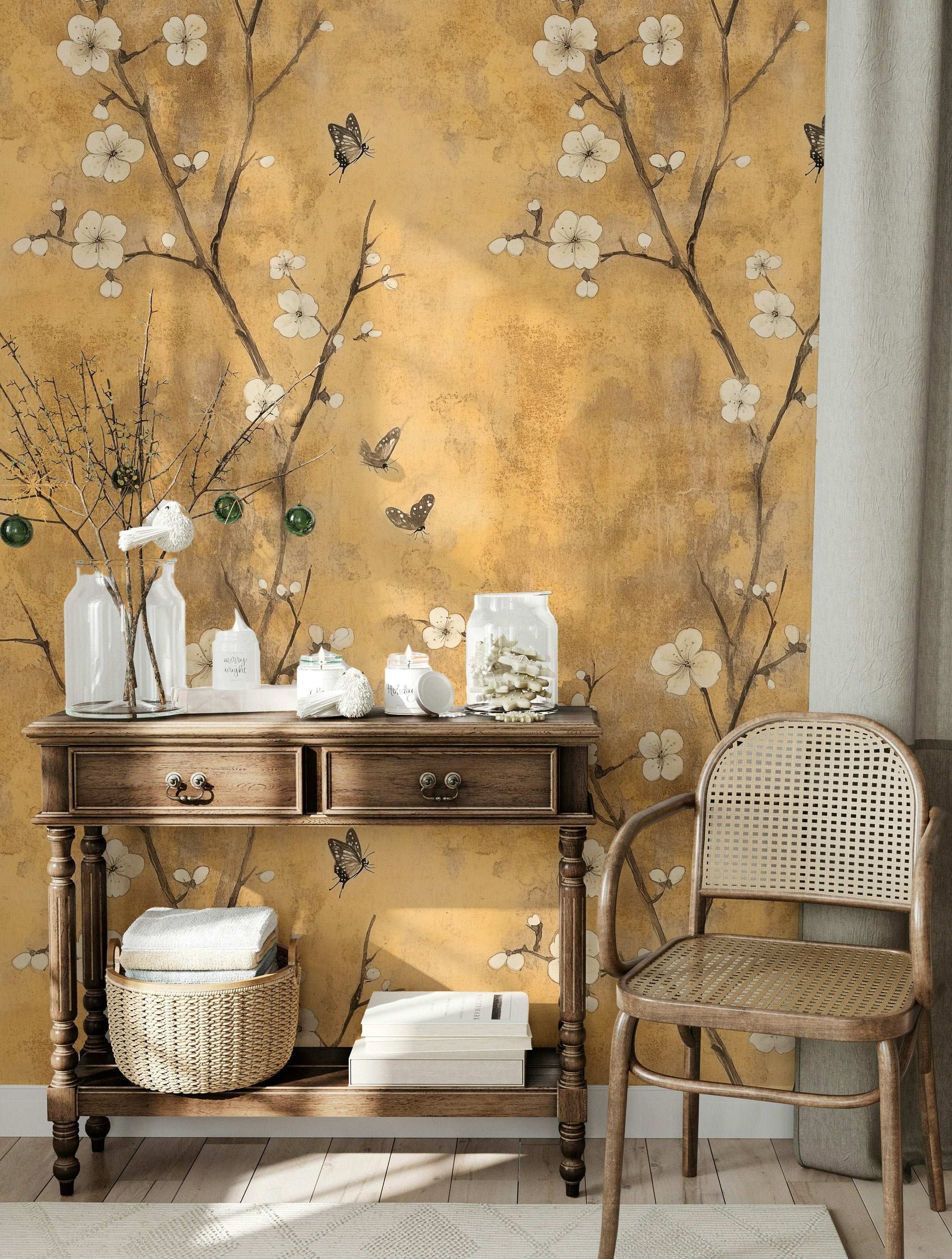 Vintage Golden Cherry Blossom Wallpaper Chinoiserie Wall Mural Peel and Stick Roll