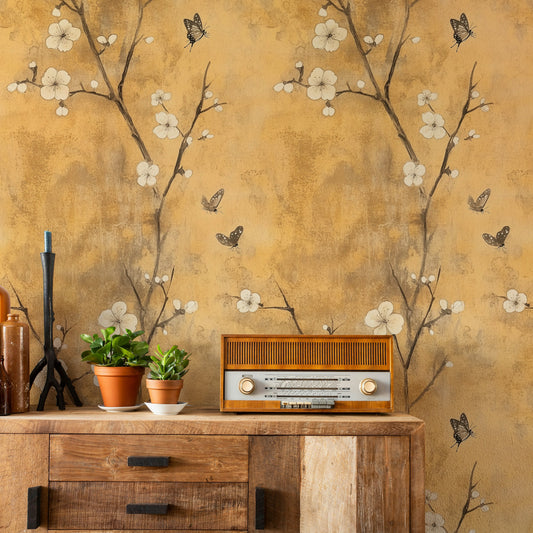 Vintage Golden Cherry Blossom Wallpaper Chinoiserie Wall Mural