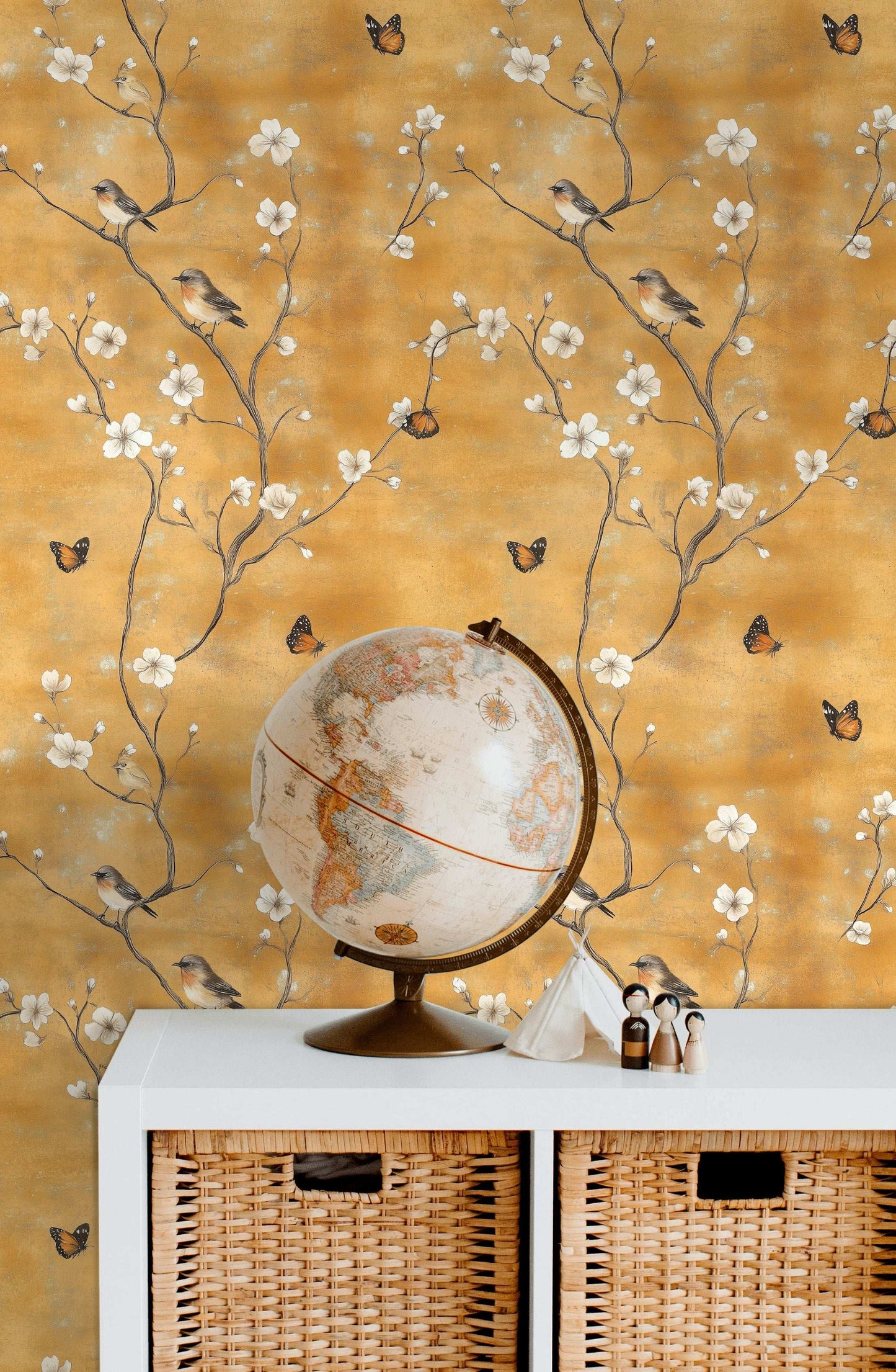 Vintage Golden Blossom Wallpaper Bird and Butterfly Wall Mural