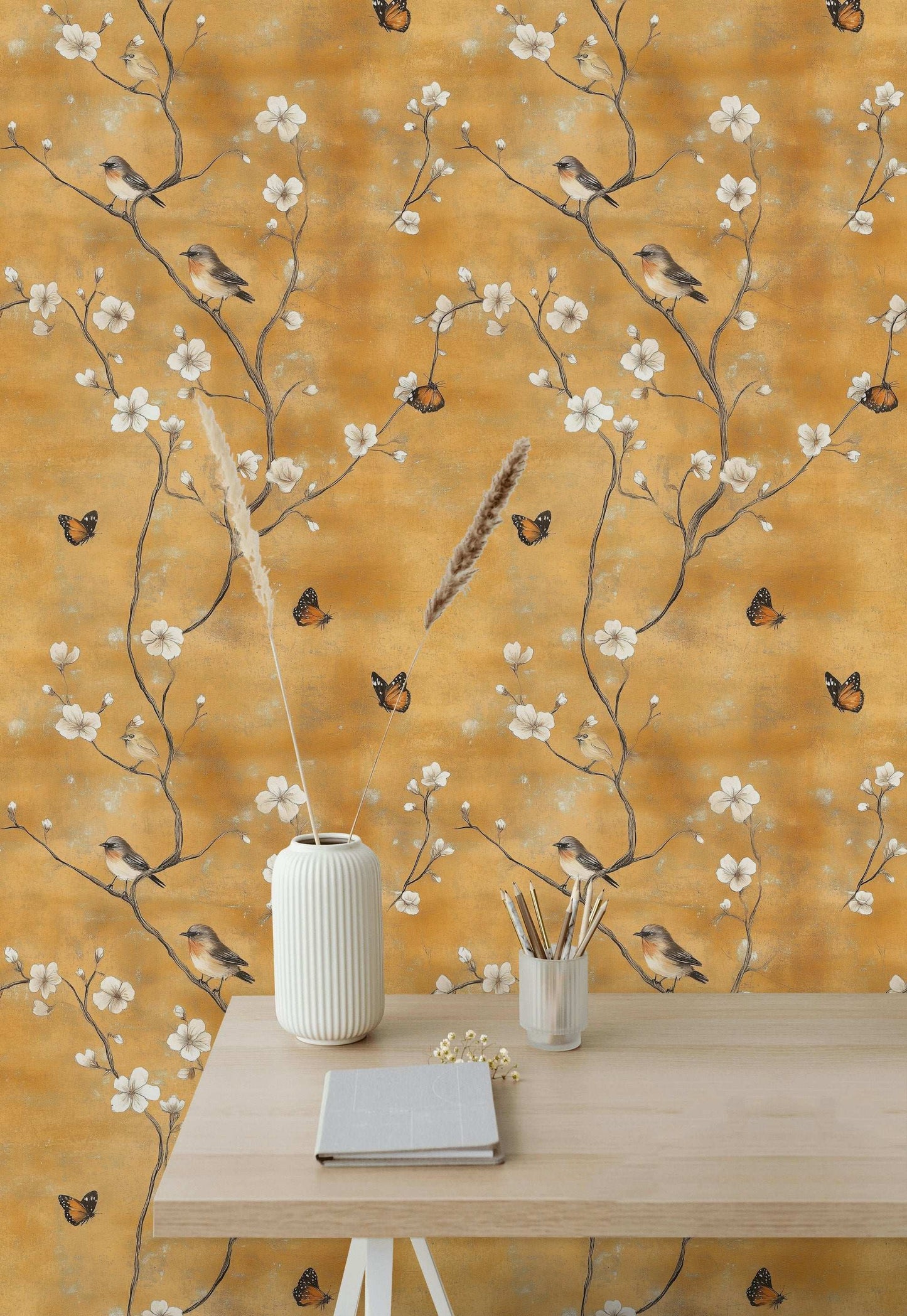 Vintage Golden Blossom Wallpaper Bird and Butterfly Wall Mural