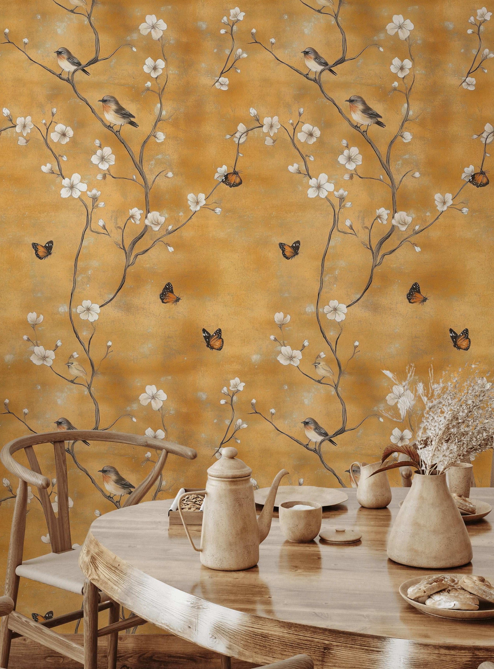 Vintage Golden Blossom Wallpaper Bird and Butterfly Wall Mural