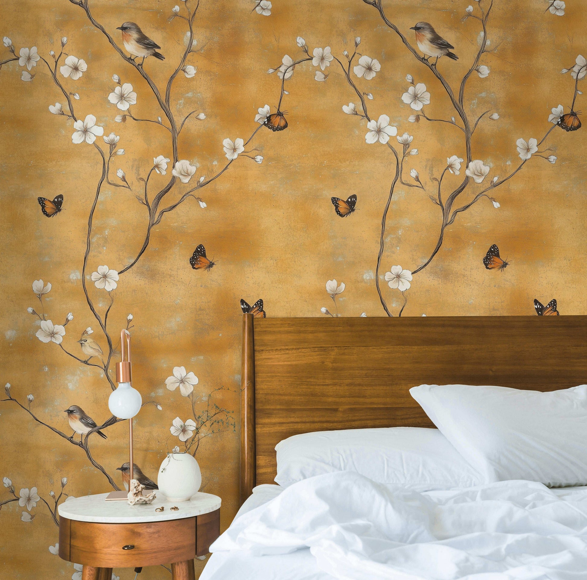 Vintage Golden Blossom Wallpaper Bird and Butterfly Wall Mural